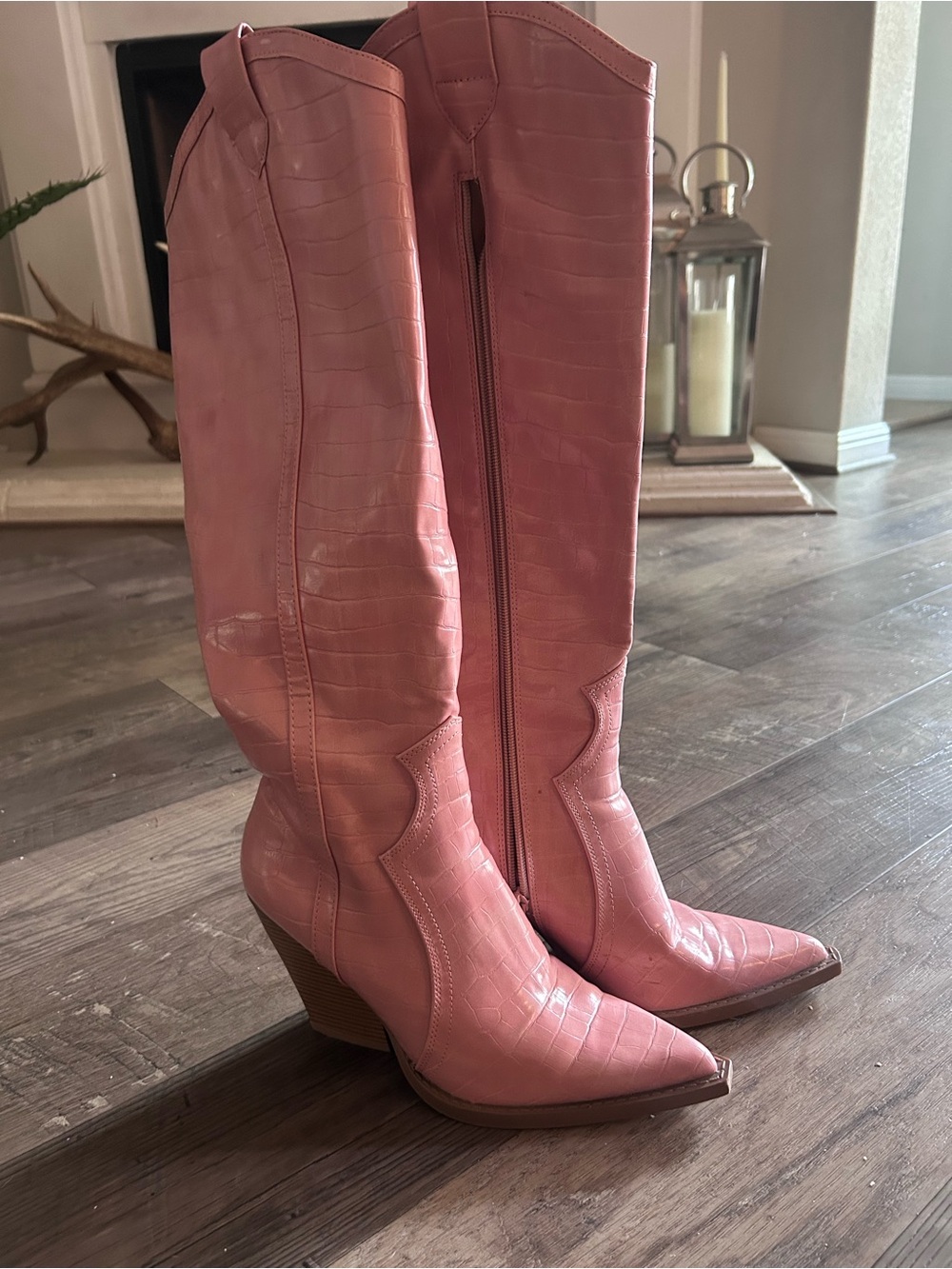 ASOS Pink Croc-Embossed Knee-High Western Boots